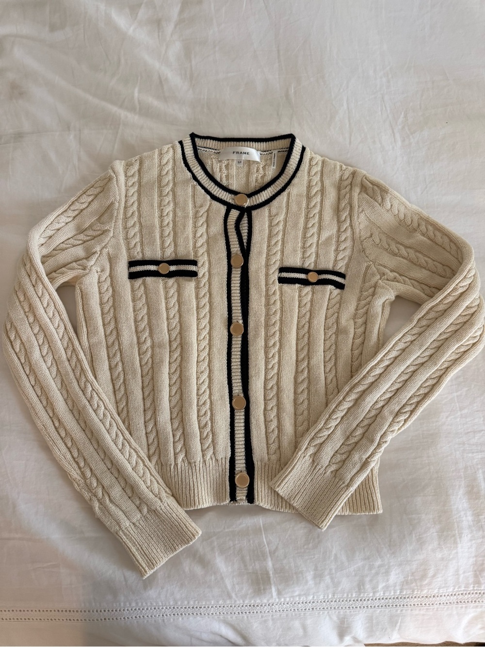 Frame Denim Cream Cable Knit Cardigan with Black Trim